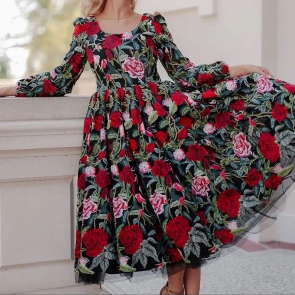 JessaKae Briar Red Rose MIDI Dress Gown Embroidered Floral Formal Wedding Prom
